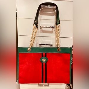 Trendy red faux suede tote bag.